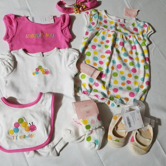 Gymboree Snuggle Bug 0-3 month NWT Romper, 2 bodysuits, headband, socks, used bi - Picture 1 of 6